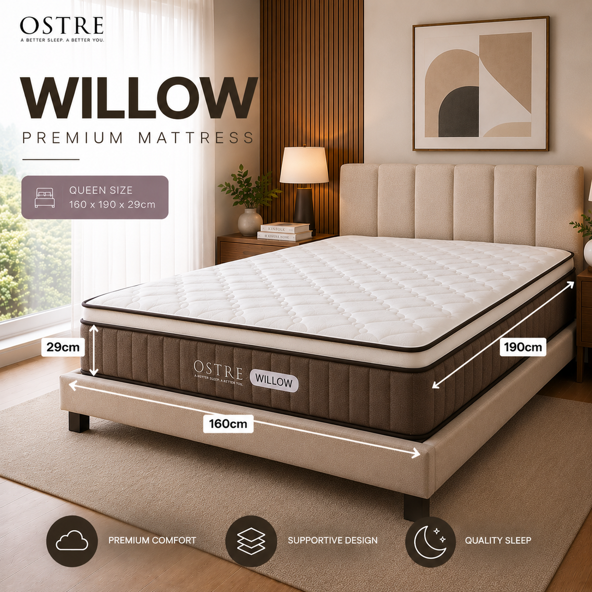 Tilam OSTRE WILLOW 11.5” Medium Firm Mattress with Pocket Spring and High Density Memory Foam
