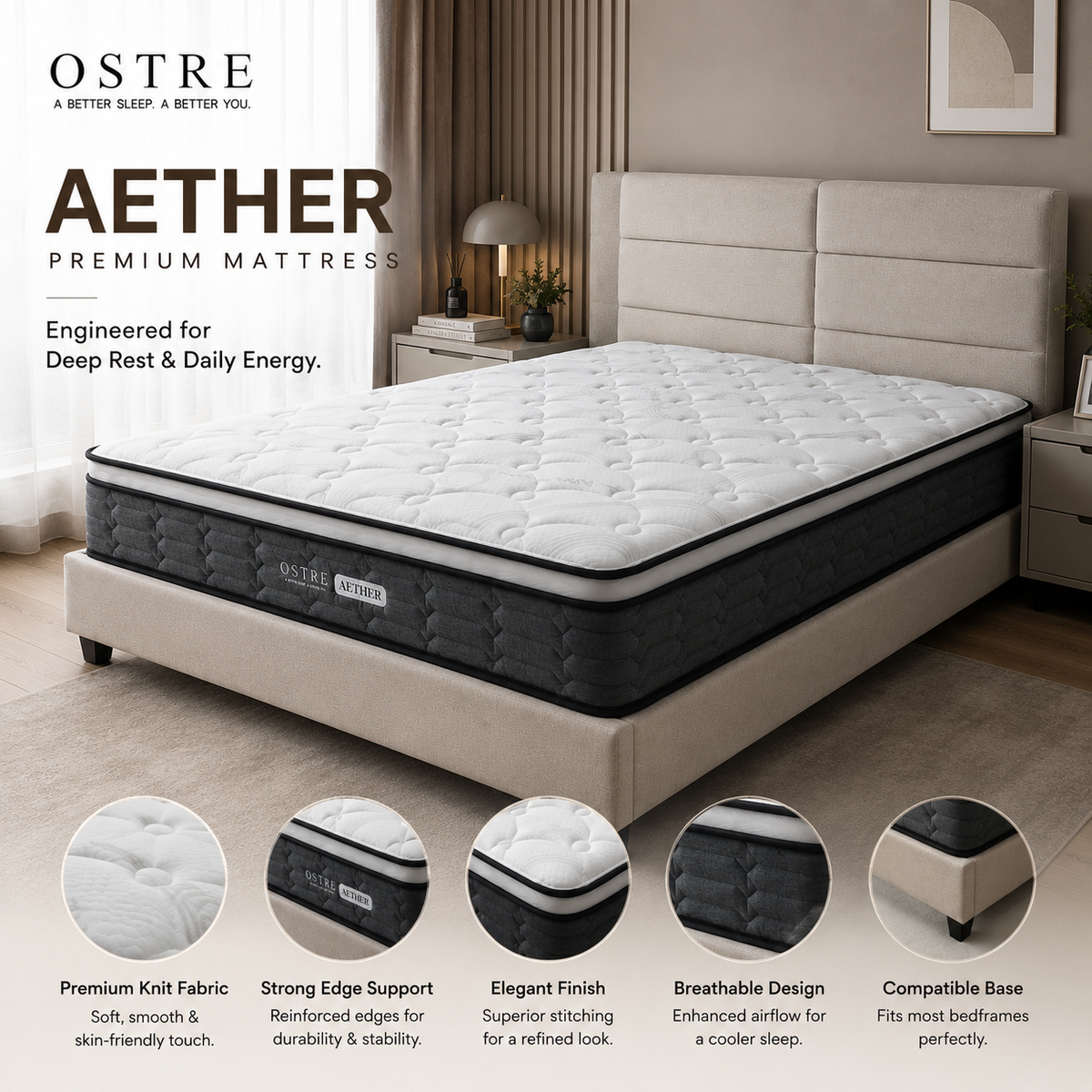Tilam OSTRE AETHER 10.5” Medium Firm Mattress with Latex and Pocket Spring High Density Foam