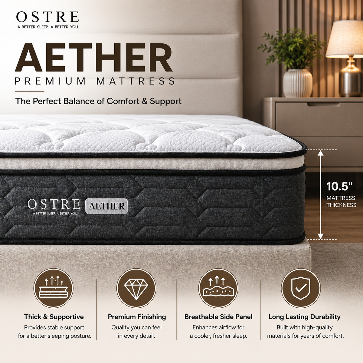 Tilam OSTRE AETHER 10.5” Medium Firm Mattress with Latex and Pocket Spring High Density Foam