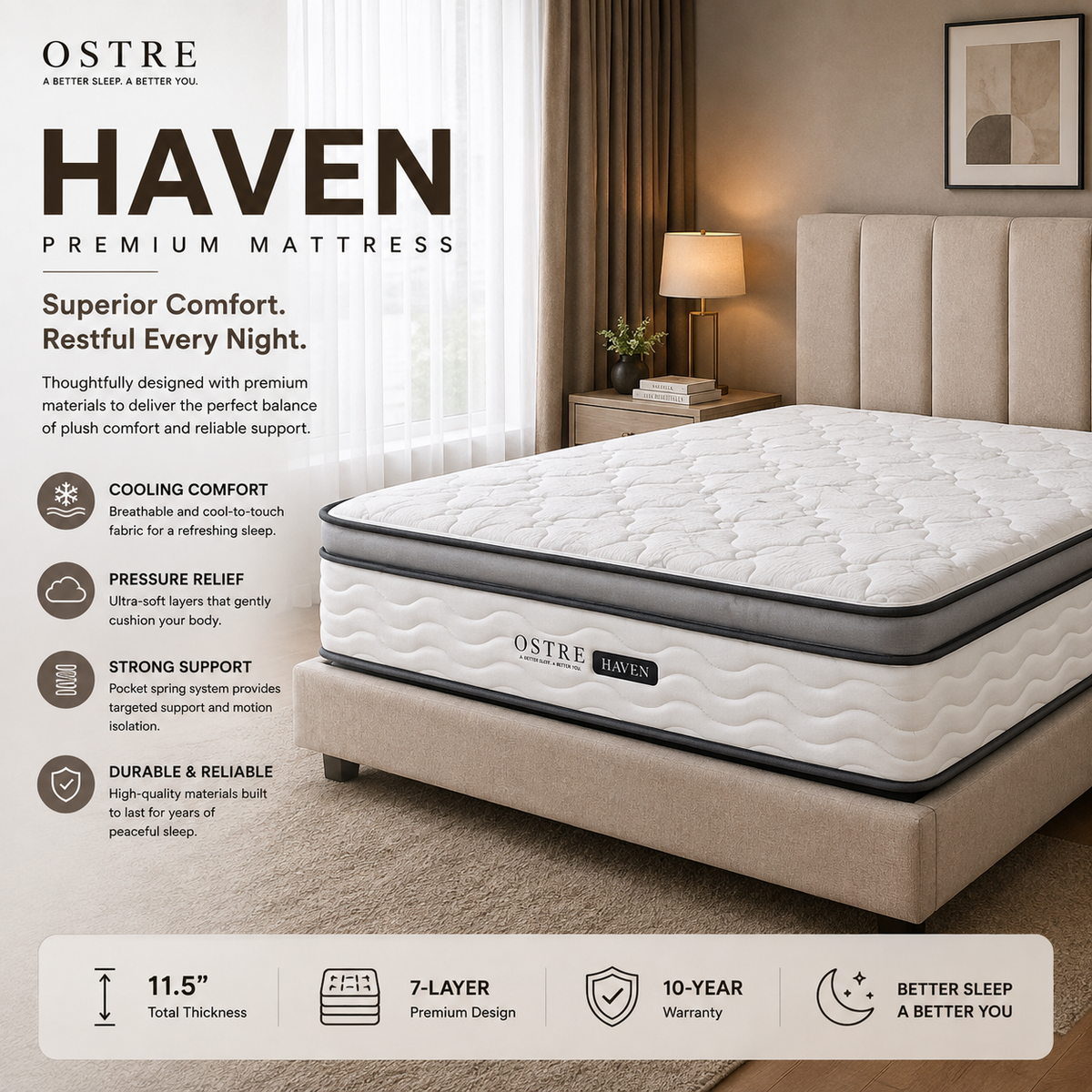 Tilam OSTRE HAVEN 11.5” Firm Mattress with Latex and Pocket Spring High Density Foam