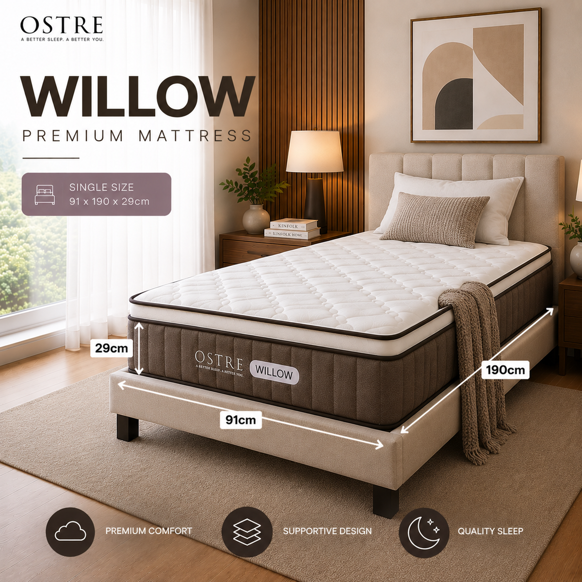 Tilam OSTRE WILLOW 11.5” Medium Firm Mattress with Pocket Spring and High Density Memory Foam