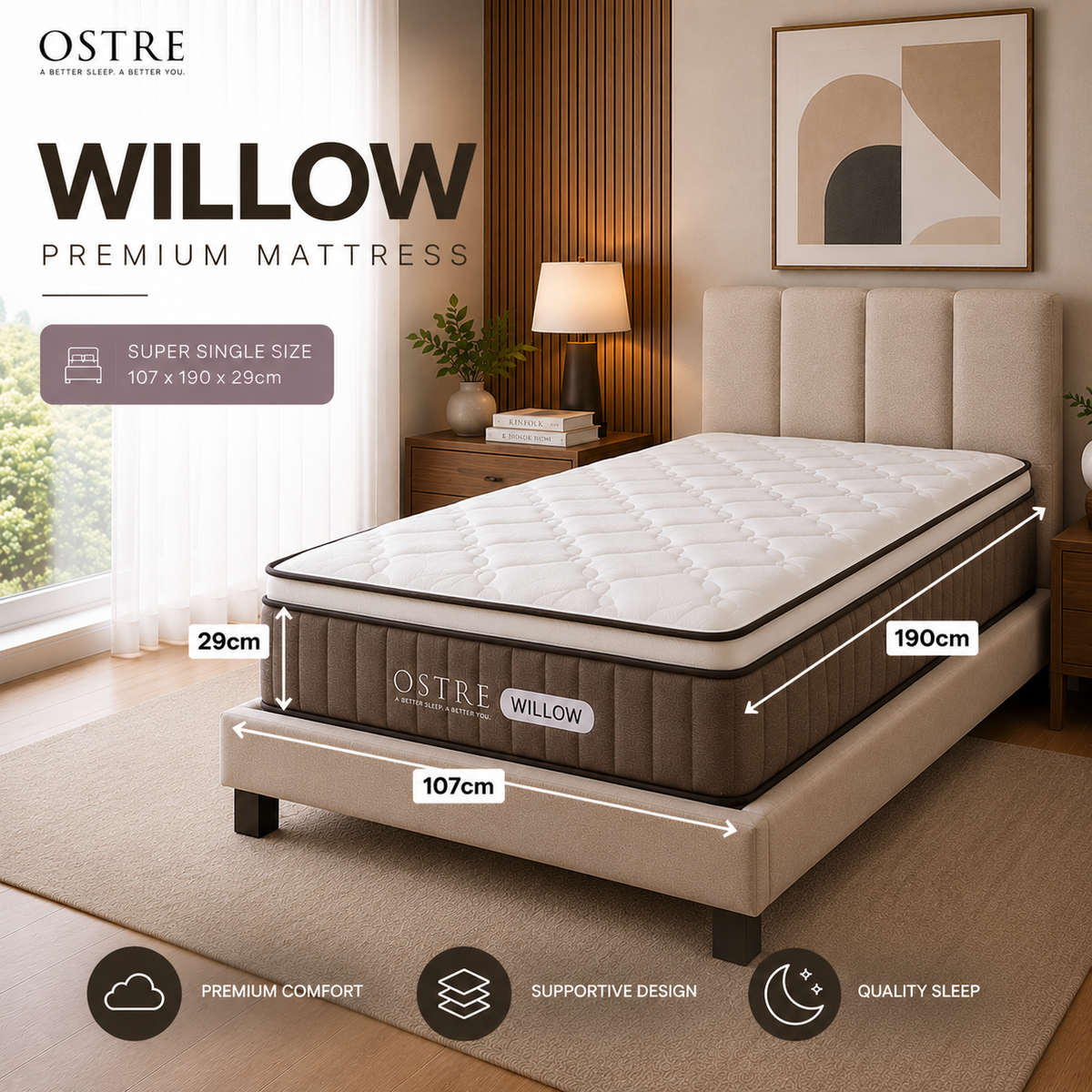 Tilam OSTRE WILLOW 11.5” Medium Firm Mattress with Pocket Spring and High Density Memory Foam